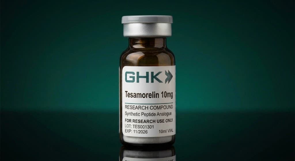 Tesamorelin vial — research-grade laboratory reagent